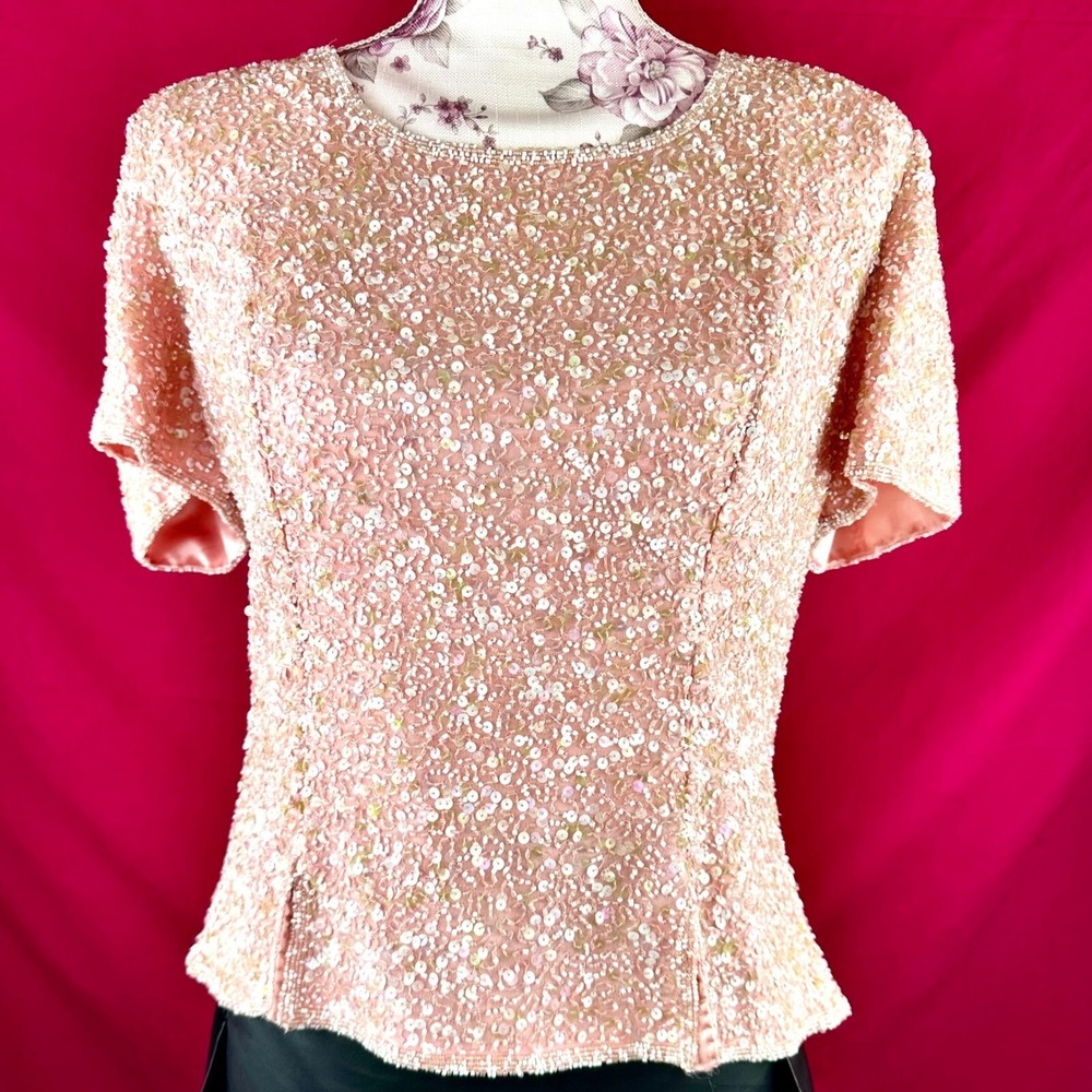 Pink Sequin Date Night Top Vintage Scala Silk Beaded Romantic Valentine Large - Picture 4 of 17